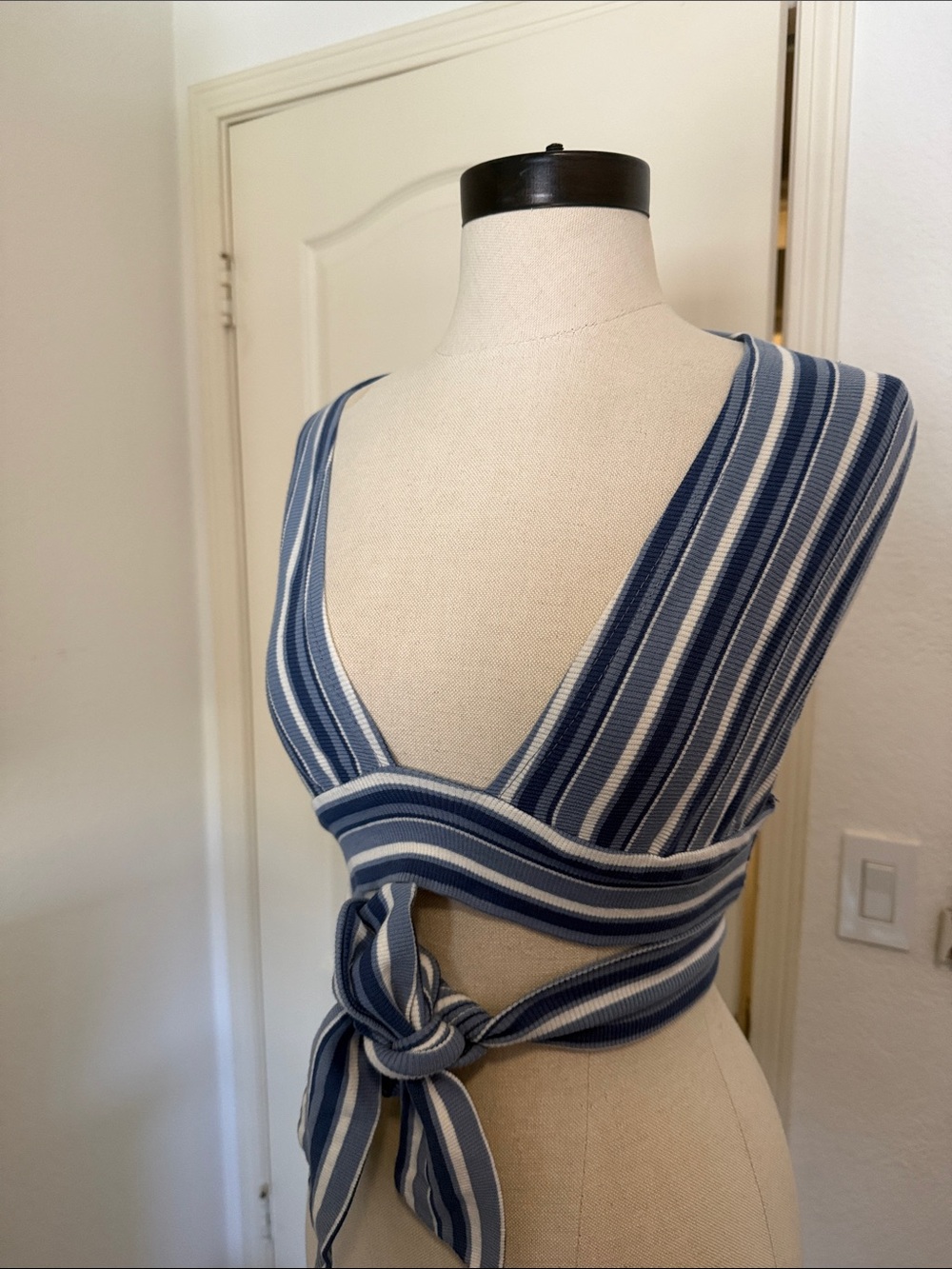 Striped Blue & White Knit Wrap Top